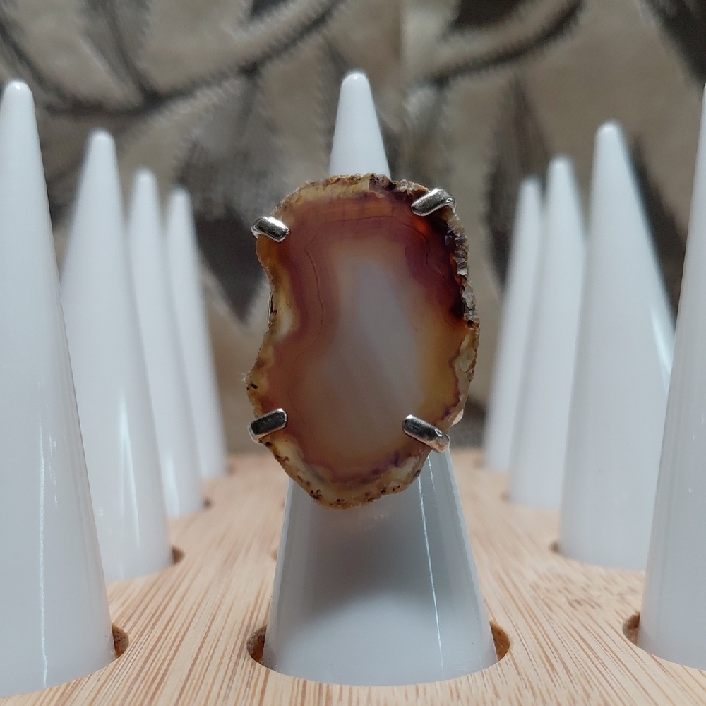Natural Agate Slice Ring with Silver Accents